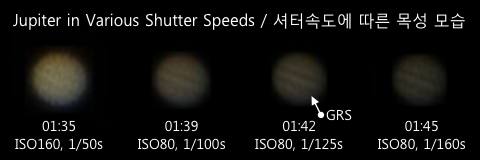 Jupiter photos at various shutter speeds (200% size)